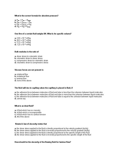 FMHM MCQ - What is the correct formula for absolute pressure? a. Pabs ...