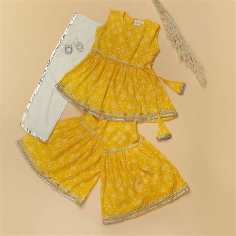 Yellow Bandhani Printed Sharara Set for Girls – Desi Soota