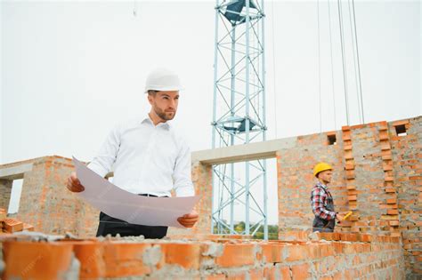 Engineering consulting people on construction site holding blueprint in ...