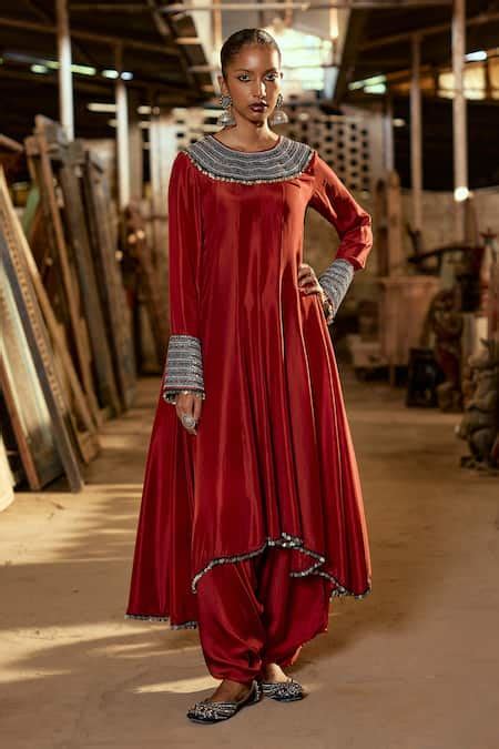 Buy Maroon Silk, Cotton Satin Embroidery, Sequins Tribal Anarkali And ...