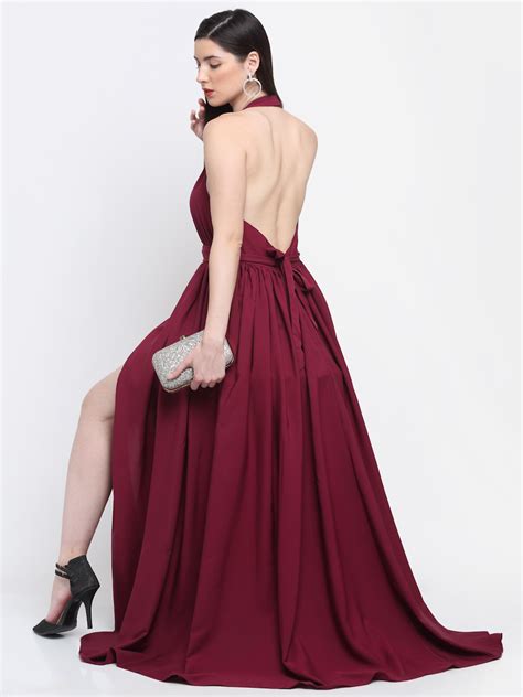 Emeros Women Wine Solid Halter Neck Gorgeous Dress