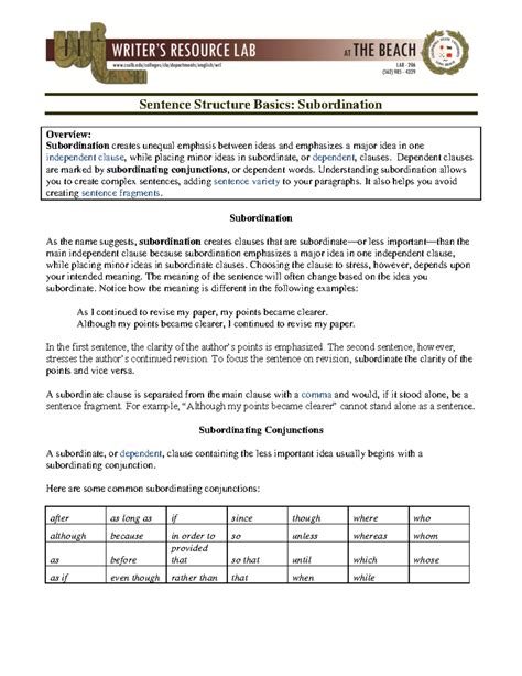 ENG 101: Understanding Subordination in Sentence Structure - Studocu