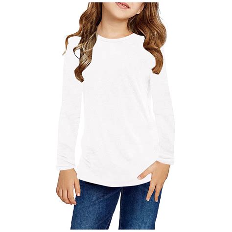 Elvqul Girls T-shirts Crew Neck Kids Plain White Long Sleeve Children ...