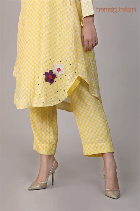 Yellow Check Sequined Chanderi Coord Set – Trendytokari