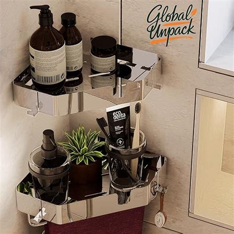 GLOBAL UNPACK Stainless Steel Corner Rack - Adhesive Bathroom & Kitchen ...