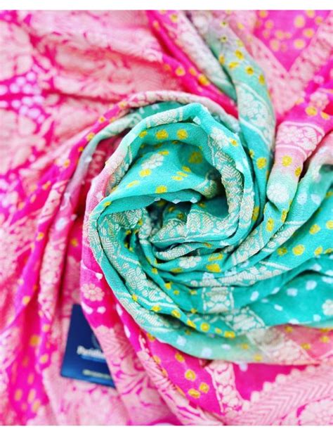 Buy Ombre shaded Hot Pink & Sea Green Pure Khaddi Georgette Rye Bandhej ...