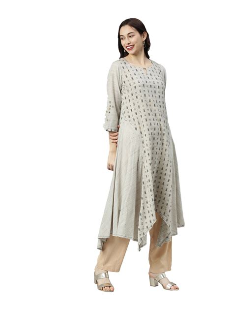 Neerus Women Grey Ethnic Motifs Printed Keyhole Neck Kurta – Neerus India