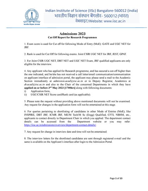 Cutoff-report-Reserach - Indian Institute of Science (IISc) Bangalore ...