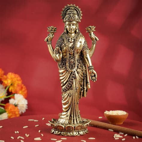 Pure Brass Laxmi JI Standing Murti With Lotus Flower – Velan Store