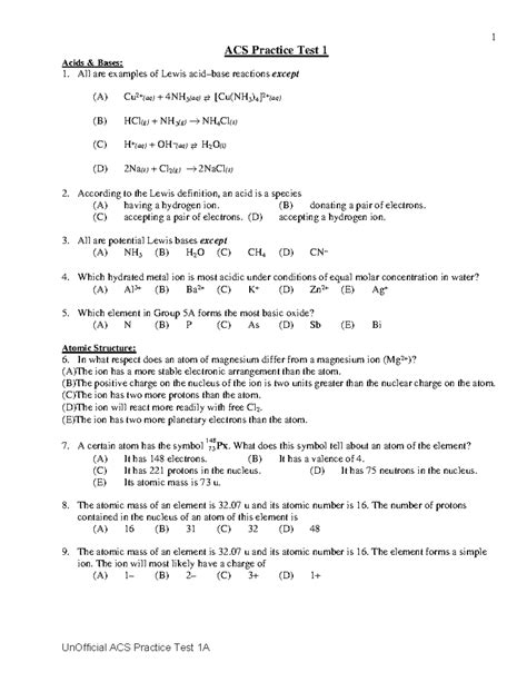 CHem 1 practice test - ACS Practice Test 1 Acids & Bases: All are ...