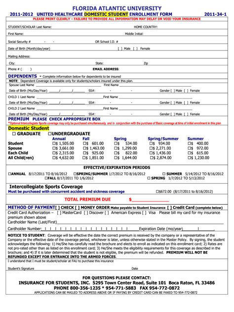 Fillable Online 20112012 UNITED HEALTHCARE DOMESTIC STUDENT ENROLLMENT ...