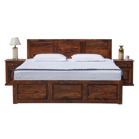 Fasica Solid Wood Double Bed with Two Bed Side with Box Storage in Hon ...