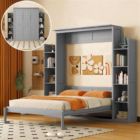 Amazon.com: Queen Size Murphy Bed Wall Bed with Shelves,Solid Wood ...
