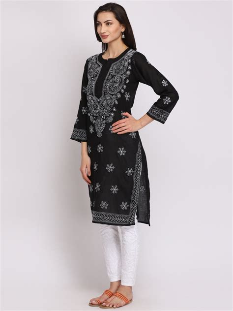 Hand Embroidered Cotton Straight Kurta-PC3435 Black – Paramount Chikan