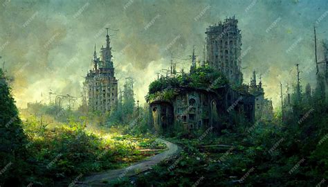 Premium Photo | Post-apocalyptic ruins with nature concept art illustration