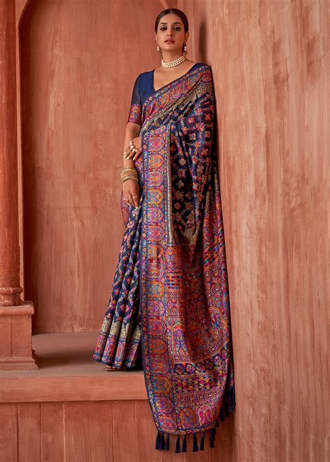 Buy East Bay Blue Banarasi Jamawar Silk Saree Online - MySilkLove