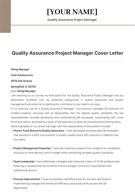 Free Quality Assurance Project Manager Cover Letter Template to Edit Online