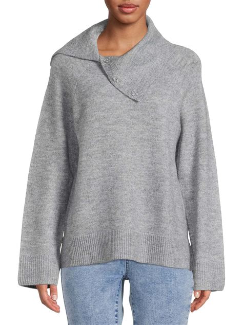 Time and Tru Women's Long Sleeve Split Neck Collar Sweater - Walmart.com