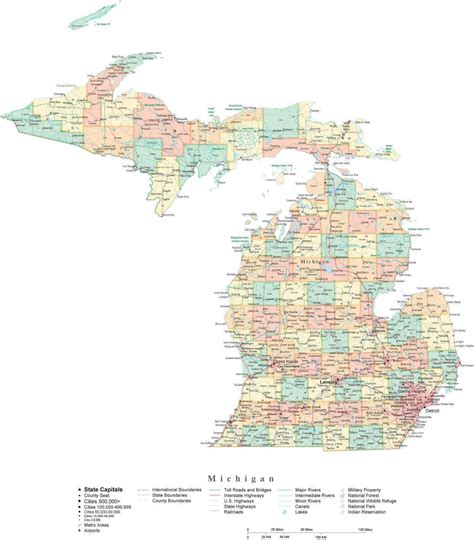 State Map of Michigan in Adobe Illustrator vector format. Detailed ...