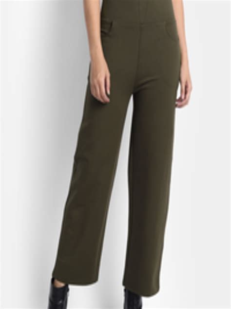 Buy BROADSTAR Women Olive Green Loose Fit High Rise Easy Wash Trousers ...