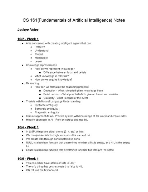 CS 161 Notes - CS 161(Fundamentals of Artificial Intelligence) Notes Lecture Notes 10/2 - Week 1 ...