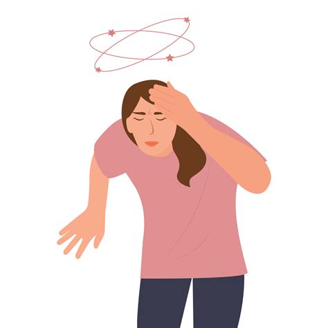 Dizziness. Woman with closed eyes holds his hand on head, stars spin around his head. Sick woman ...