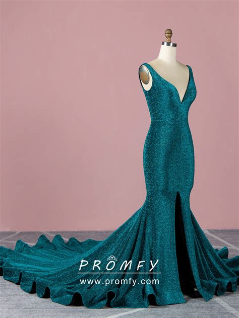 Promfy Metallic Dark Teal Mermaid Long Train Prom Dress