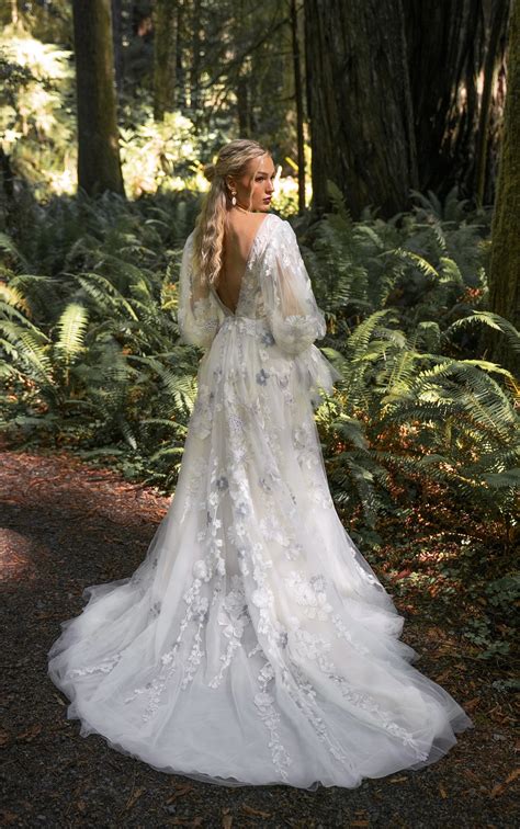 Dreamy Floral Lace Boho Wedding Dress with Blouson Sleeves - lace boho gown