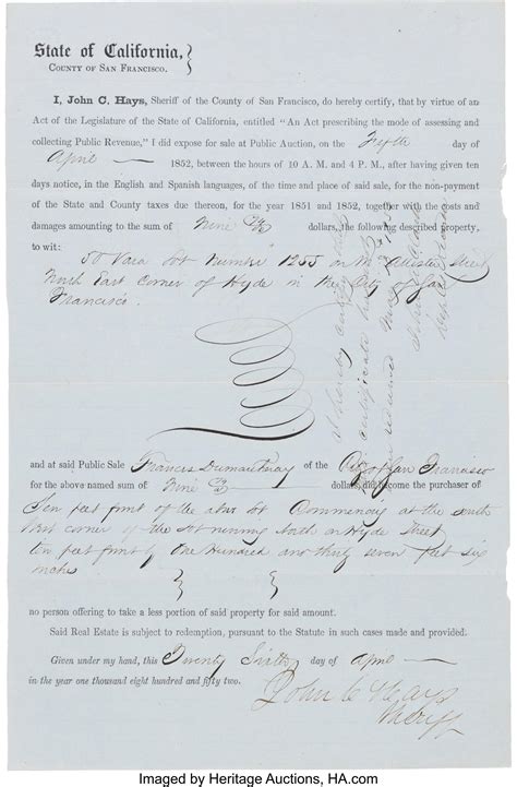 Bid Now: John Coffee Hays Document Signed as Sheriff of San Francisco ...