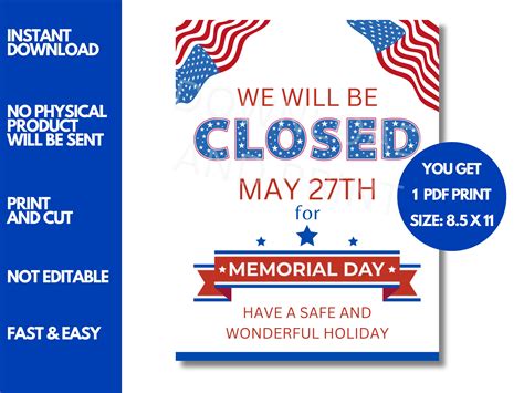 Printable "closed for Memorial Day" Sign - Instant Download - Memorial ...