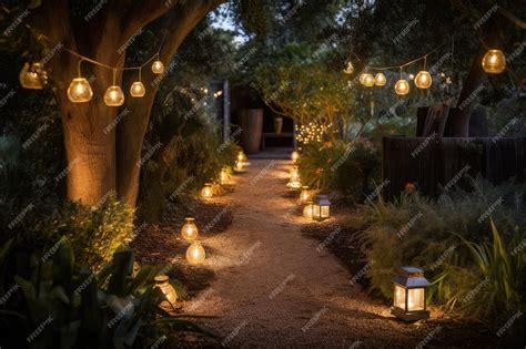 Garden path illuminated by lanterns and string lights | Premium AI ...