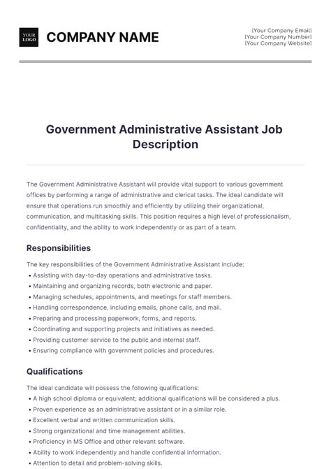 Free Government Administrative Assistant Job Description Template to Edit Online
