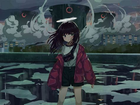 Download wallpaper 1600x1200 girl, halo, jacket, anime, art standard 4: ...