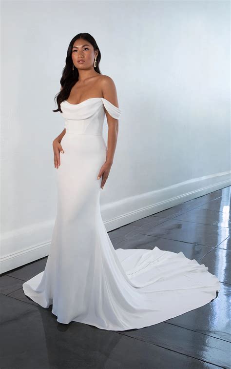 Elegant Off-the-Shoulder Column Wedding Dress with Draped Cowl Neckline