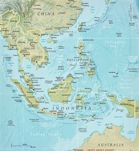 Southeast Physical Asia Map - Indonesia, Malaysia, Thailand