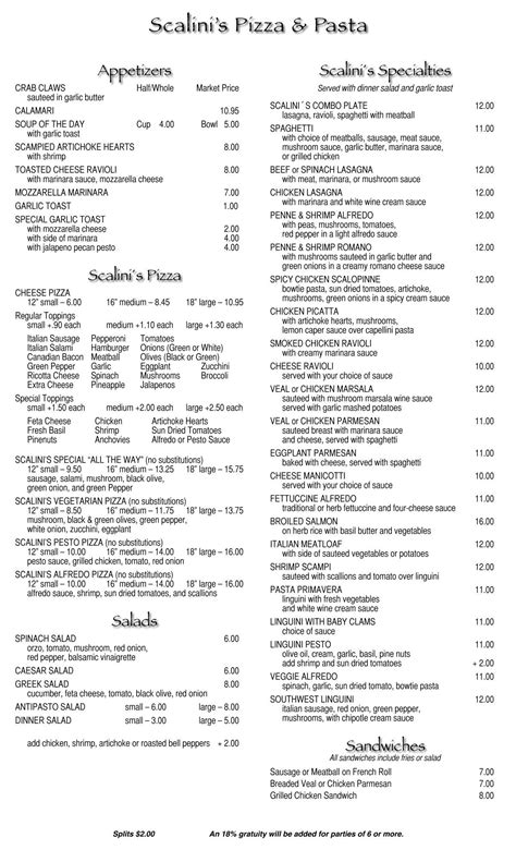 Scalini's Lakewood Menu - Scalini's Pizza & Pasta