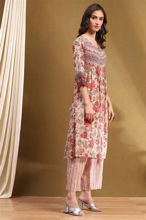 Buy Beige Cotton Floral Printed Gathered A-Line Kurta Set Online at ...