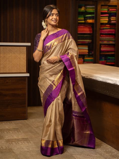Beige and Cream Checks Pure Kanchipuram Silk Saree – Clio Silks