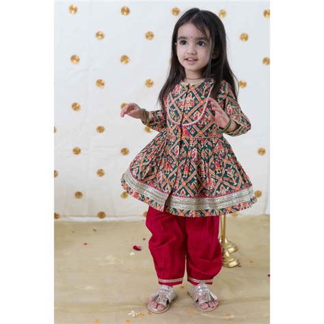 Tiber Taber Baby Girl Patola Print Cotton Angrakha Suit Set - Green ...