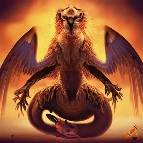 A mythical hybrid creature with elements of a lion, wings and serpent ...