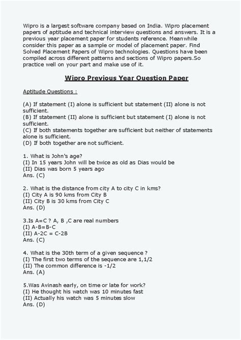 Wipro Placement paper - analyticals questions - Wipro is a largest ...