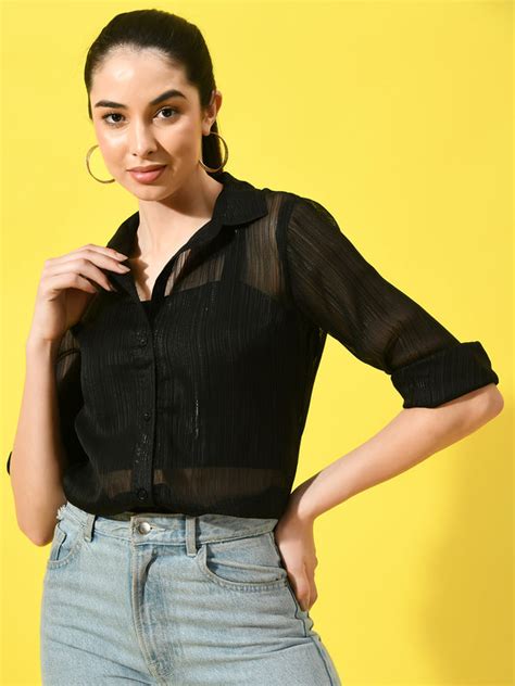 Stylish Women's Semi-Sheer Black Shirt with Vertical Stripes - Charmgal ...