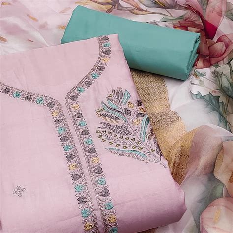 Light Pink Floral Embroidered Cotton Silk Dress Material