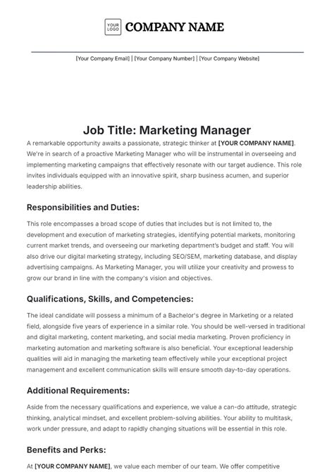 Free Aesthetic Marketing Manager Job Description Template to Edit Online