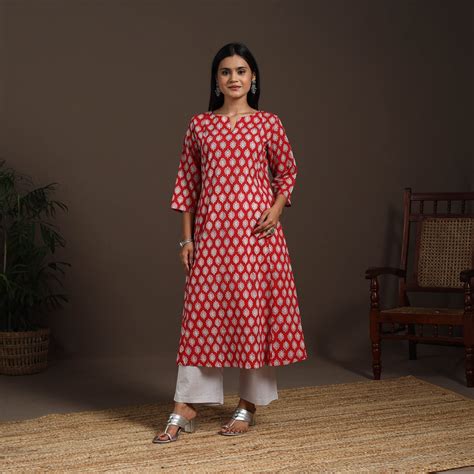 Red Block Print Cotton A-Line Sanganeri Kurta
