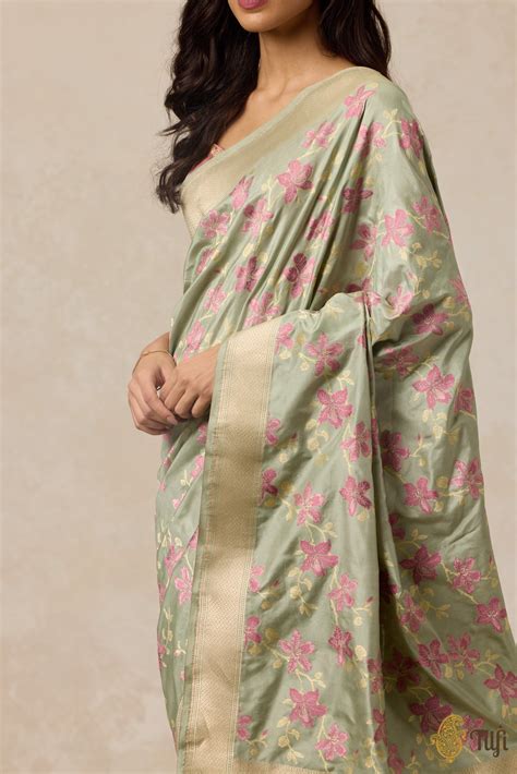 'Kachnar' Pastel Sage Pure Katan Silk Banarasi Handloom Saree - Tilfi