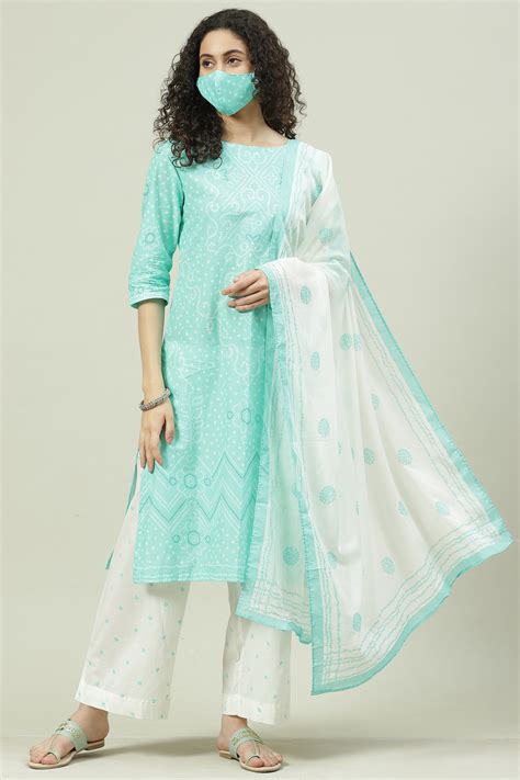 Buy Aqua Blue and White Cotton Straight Suit Set Online at Biba India