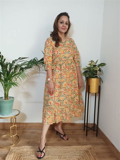 Pastel Yellow Block Print Cotton Dress for Women | Darzaania by ...