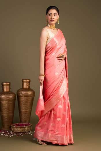Buy Peach Silk Pure Monga Banarasi Handloom Saree With Unstitched ...