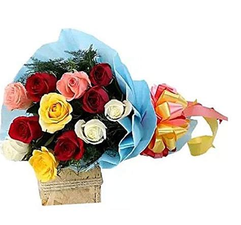 Ferns n Petals Colourful 12 Mixed Roses Bouquet Fresh Flowers in Blue ...